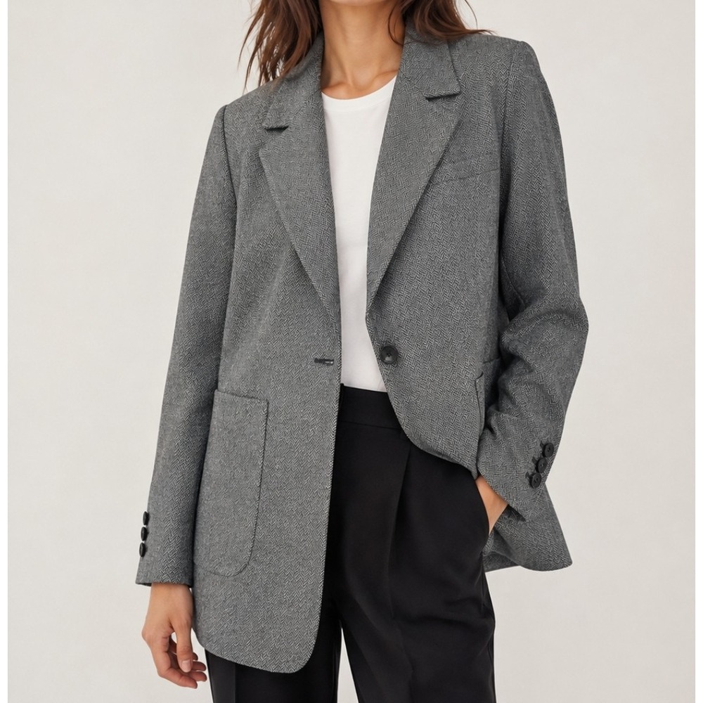 Banana Republic Herringbone Blazer Women 12 Grey Wool Blend Jacket 721806-02